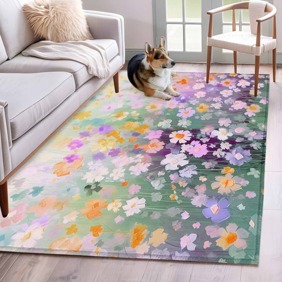 2.7'x5' Area Rugs, Teal Spring Floral Indoor Outdoor Area Rug for Living Room Bedroom, Modern Oil Painted Daisy Botanical Washable Bathroom Rugs Kitchen Floor Carpet Mats Home Decor Aesthetic