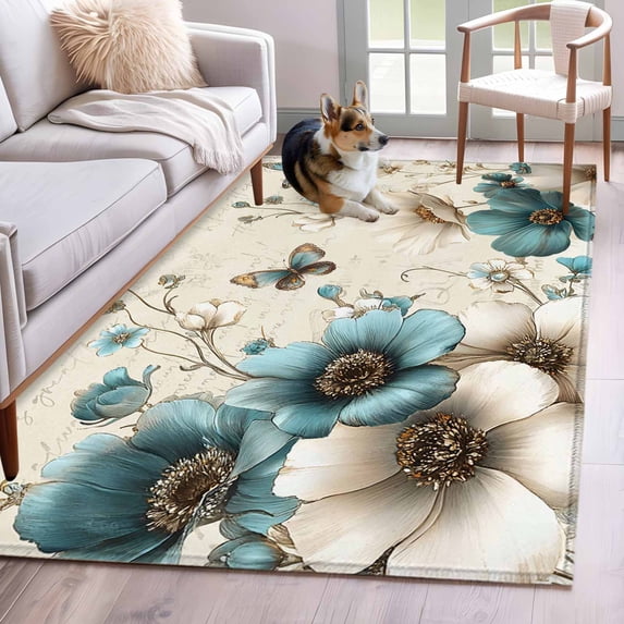 2.7'x5' Area Rugs, Teal Tulip Butterfly Indoor Outdoor Area Rug for Living Room Bedroom, Turquoise Floral Farmhouse Beige Washable Bathroom Rugs Kitchen Floor Carpet Mats Home Decor Aesthetic