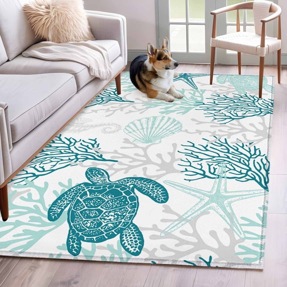 2.7'x5' Area Rugs, Turquoise Coastal Indoor Outdoor Area Rug for Living Room Bedroom, Sea Turtle Nautical Coral Summer Beach Washable Bathroom Rugs Kitchen Floor Carpet Mats Home Decor Aesthetic