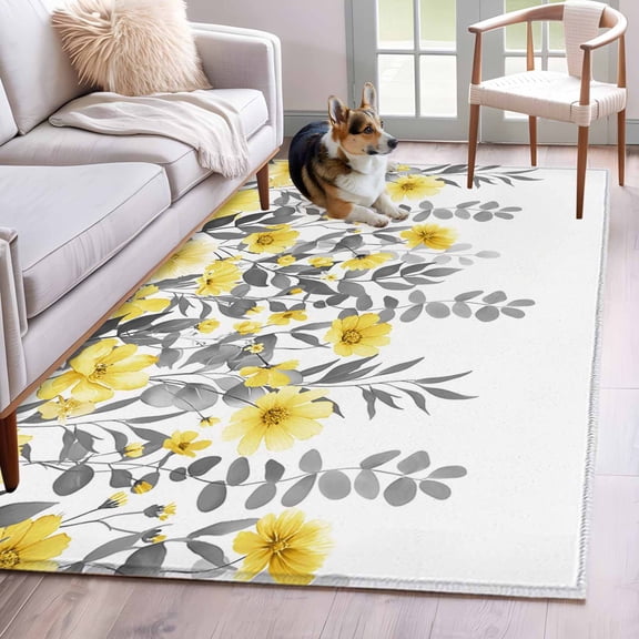 2.7'x5' Area Rugs, Yellow Floral Indoor Outdoor Area Rug for Living Room Bedroom, Farmhouse Spring Flowers Leaves Washable Bathroom Rugs Kitchen Floor Carpet Mats Home Decor Aesthetic