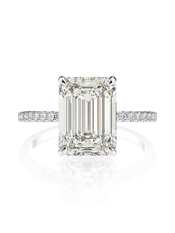 2.70 CTW Emerald Cut Lab Grown Diamond Engagement Ring 925 Sterling Silver Solitaire With Accents Wedding Ring