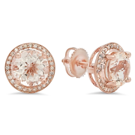 2.70 Carat (Ctw) 18k Rose Gold Round Morganite & White Diamond Ladies Halo Style Stud Earrings