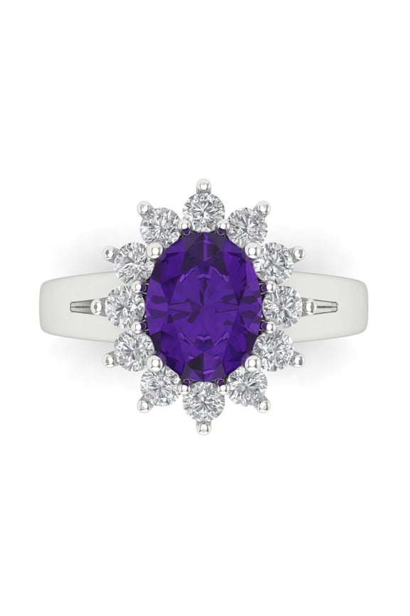 2.72 ct Oval Cut Natural Amethyst with Simulated Diamond Halo Accents 14K White Gold Womens Engagement Ring