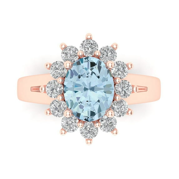 2.72 ct Oval Cut Natural Aquamarine with Simulated Diamond Halo Accents 18K Rose Gold Womens Engagement Ring