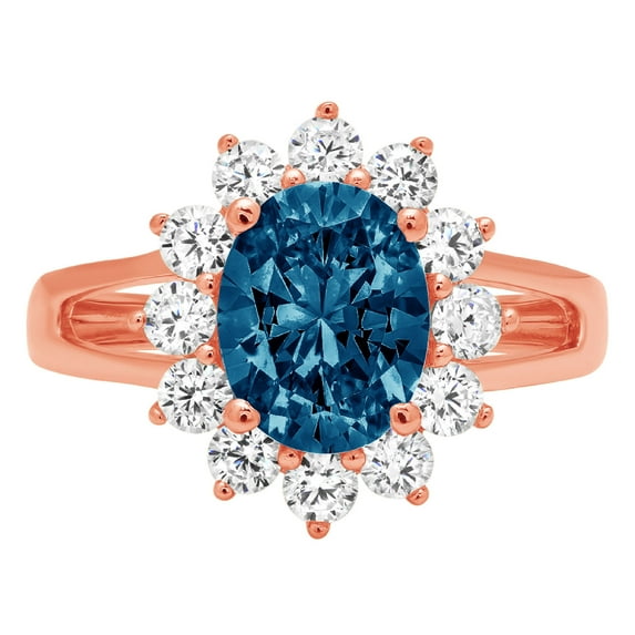 2.72 ct Oval Cut Natural London Blue Topaz with Simulated Diamond Halo Accents 18K Rose Gold Womens Engagement Ring