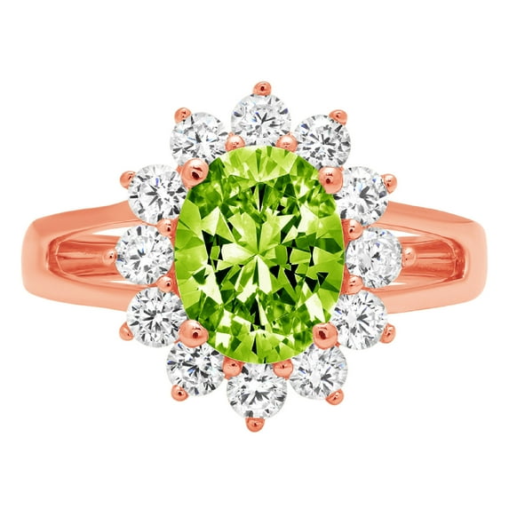 2.72 ct Oval Cut Natural Peridot with Simulated Diamond Halo Accents 14K Rose Gold Womens Engagement Ring