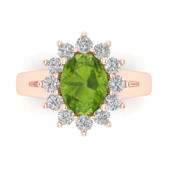 2.72 ctw with Simulated Diamond Halo Accents Anniversary Ring for Women | Oval Cut Natural Peridot | Hyperallergenic Solid 18K Rose Gold