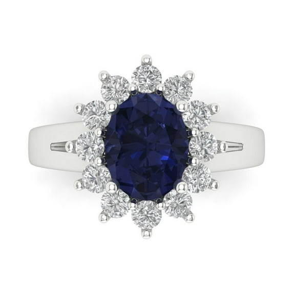 2.72 ct Oval Cut Simulated Blue Sapphire Halo Engagement Ring for Women in 14K White Gold