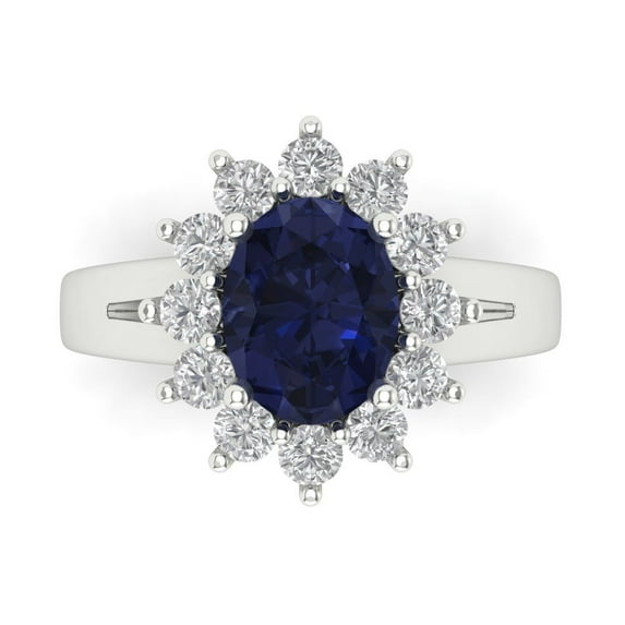 2.72 ct Oval Cut Simulated Blue Sapphire Halo Engagement Ring for Women in 18K White Gold