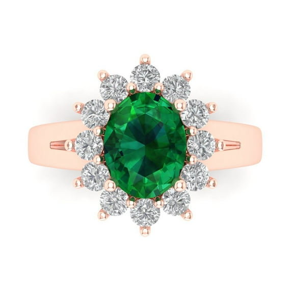 2.72 ct Oval Cut Simulated Emerald with Simulated Diamond Halo Accents 14K Rose Gold Womens Engagement Ring