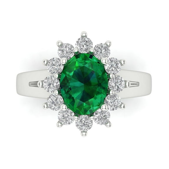 2.72 ct Oval Cut Simulated Emerald with Simulated Diamond Halo Accents 18K White Gold Womens Engagement Ring