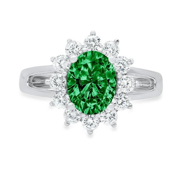2.72 ct Oval Cut Simulated Emerald with Simulated Diamond Halo Accents 18K White Gold Womens Engagement Ring