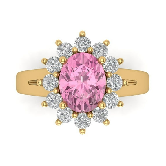 2.72 ct Oval Cut Simulated Pink Diamond with Simulated Diamond Halo Accents 18K Yellow Gold Womens Engagement Ring