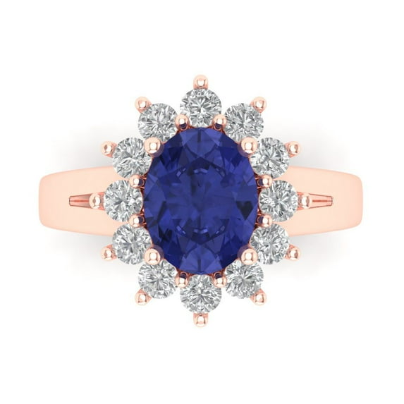 2.72 ct Oval Cut Simulated Tanzanite with Simulated Diamond Halo Accents 14K Rose Gold Womens Engagement Ring