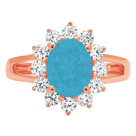 2.72 ct Oval Cut Simulated Turquoise with Simulated Diamond Halo Accents 18K Rose Gold Womens Engagement Ring