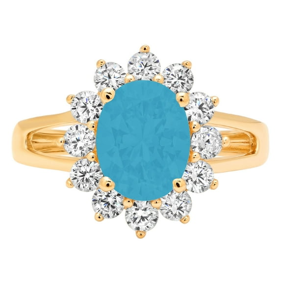 2.72 ct Oval Cut Simulated Turquoise with Simulated Diamond Halo Accents 18K Yellow Gold Womens Engagement Ring