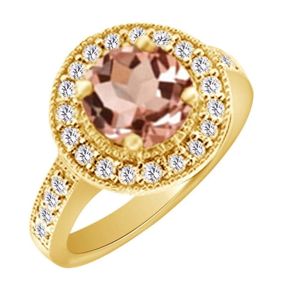 AFFY (2.72 cttw) Simulated Pink Morganite & White Natural Diamond Halo Engagement Wedding Ring In 14k Yellow Gold With Ring Size 6.5