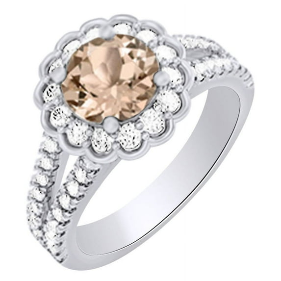 AFFY (2.72 cttw) Simulated Pink Morganite & White Natural Diamond Split Shank Engagement Wedding Ring In 14k White Gold With Ring Size 10.5