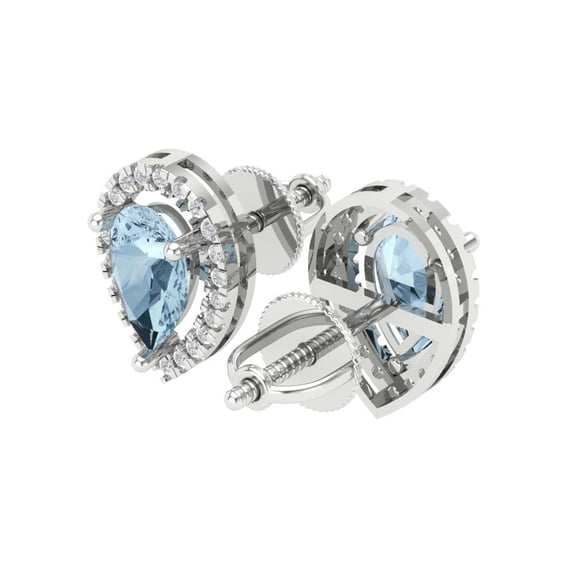 2.72Ct Pear Cut Halo Studs Blue Natural Aquamarine 18K White Solid Solid Gold Everyday Dainty Earrings Screw Back