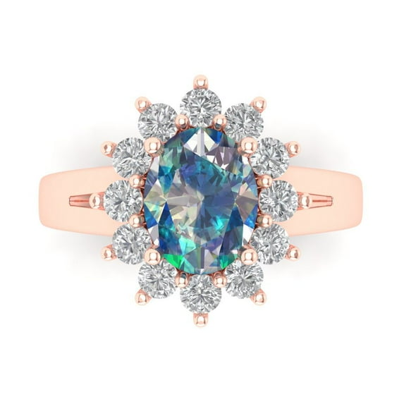 2.72 ct Oval Cut Blue Moissanite with Simulated Diamond Halo Accents 14K Rose Gold Womens Engagement Ring