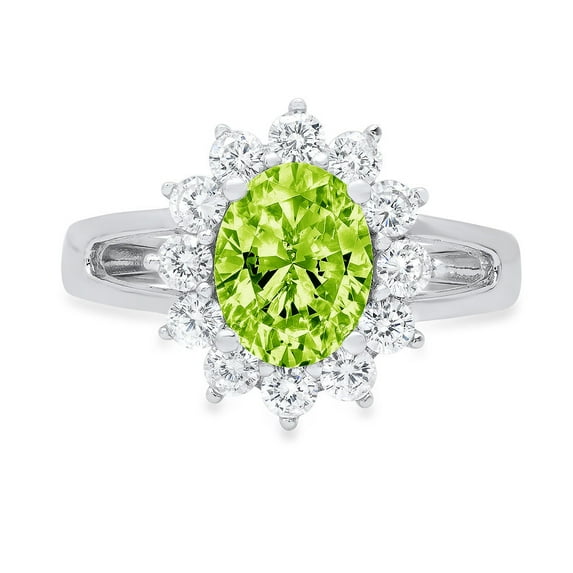 2.72 ct Oval Cut Natural Peridot with Simulated Diamond Halo Accents 18K White Gold Womens Engagement Ring