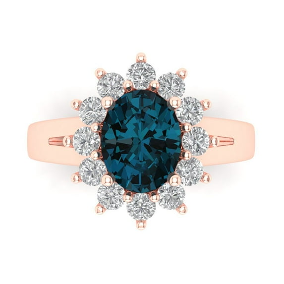 2.72 ctw with Simulated Diamond Halo Accents Anniversary Ring for Women | Oval Cut Natural London Blue Topaz | Hyperallergenic Solid 14K Rose Gold