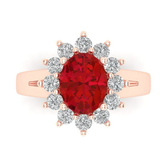 2.72 ct Oval Cut Simulated Ruby with Simulated Diamond Halo Accents 14K Rose Gold Womens Engagement Ring