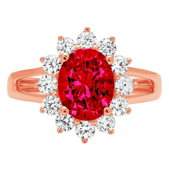 2.72 ct Oval Cut Simulated Ruby with Simulated Diamond Halo Accents 18K Rose Gold Womens Engagement Ring