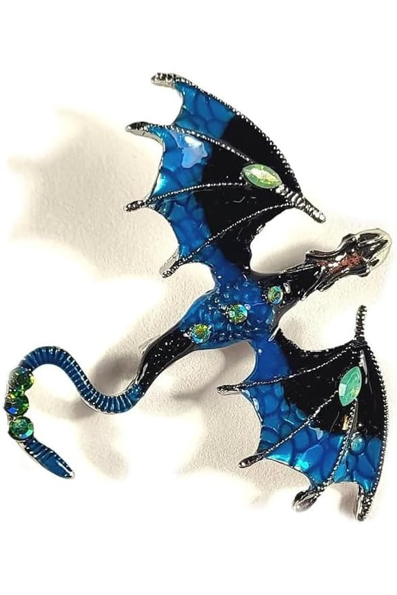 2.75" Blue Dragon Brooch Enamel & Rhinestone Mystic Flying Wyvern Animal Necklace Badge Pin Year of the Dragon Art Fashion Decor Jewellery Jewelry Gift + Marvelous Gift Box