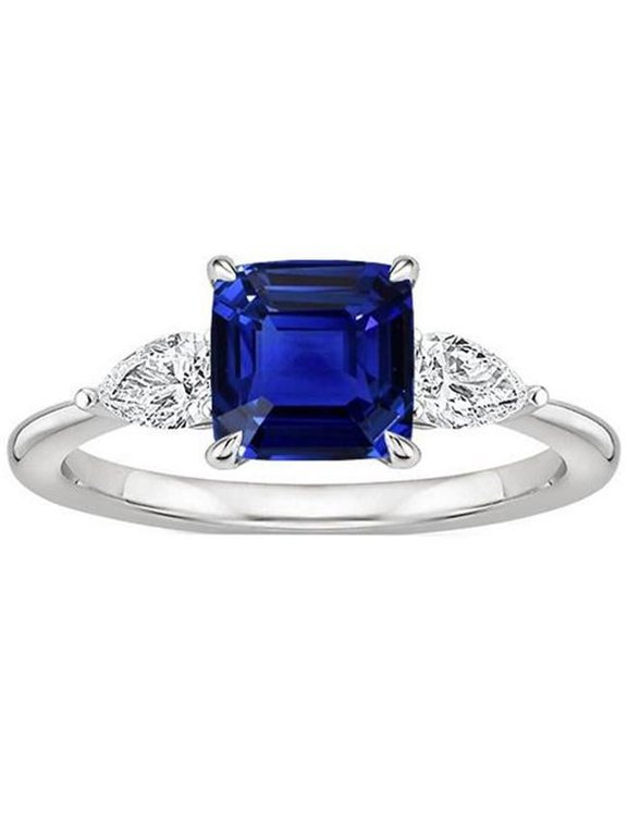 2.75 CT Womens 3 Stone Pear Diamond & Cushion Ceylon Sapphire Ring, Size 6.5