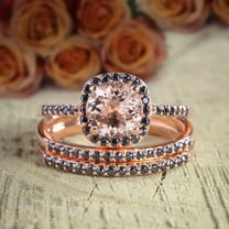 2.75 Carat 6mm Round Cut Morganite and Black Diamond Moissanite Trio Wedding Set Bridal Ring Set with 18k Gold Plating