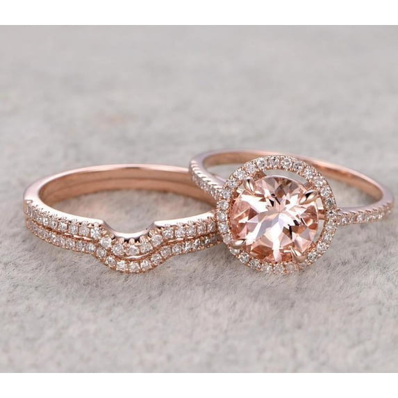 2.75 Carat 6mm Round Cut Morganite and Diamond Moissanite Trio Ring Set with One Engagement Ring and 2 Wedding Bands with 18k Gold Plating