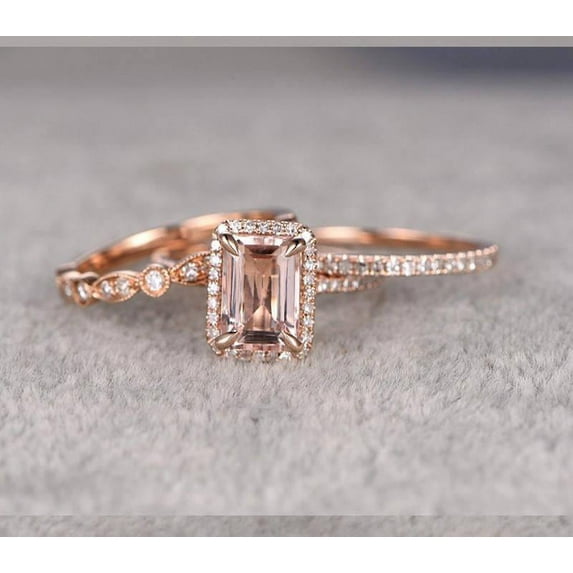 2.75 Carat 7x5mm Emerald Cut Morganite Ring with Diamond Moissanites in 10k Rose Gold with One Engagement Ring and 2 Wedding Bands