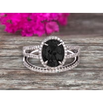 2.75 Carat Black Diamond Moissanite Engagement Ring On 10k White Gold Halo Design Bridal Ring Set 8x6mm Oval Cut Gemstone Thin Pave Stacking Band Split Shank Surprisingly
