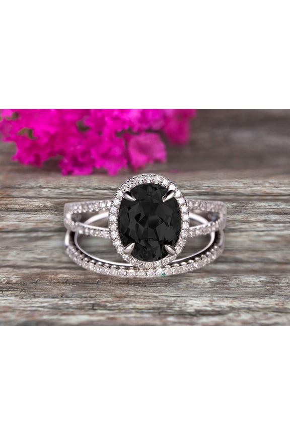 2.75 Carat Black Diamond Moissanite Engagement Ring On 10k White Gold Halo Design Bridal Ring Set 8x6mm Oval Cut Gemstone Thin Pave Stacking Band Split Shank Surprisingly