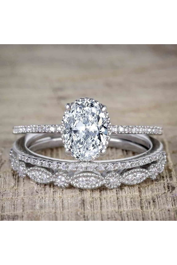 2.75 Carat Oval cut Moissanite Diamond Trio Wedding Set with 18k Gold Plating