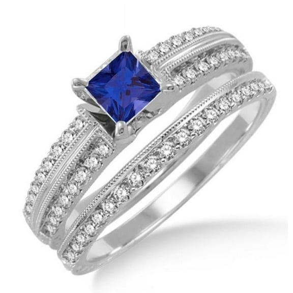 2.75 Carat Square Shape Blue Sapphire And Moissanite Diamond Wedding Ring Antique Bridal Set Ring On 10K White Gold, Promise Ring, Anniversary Ring
