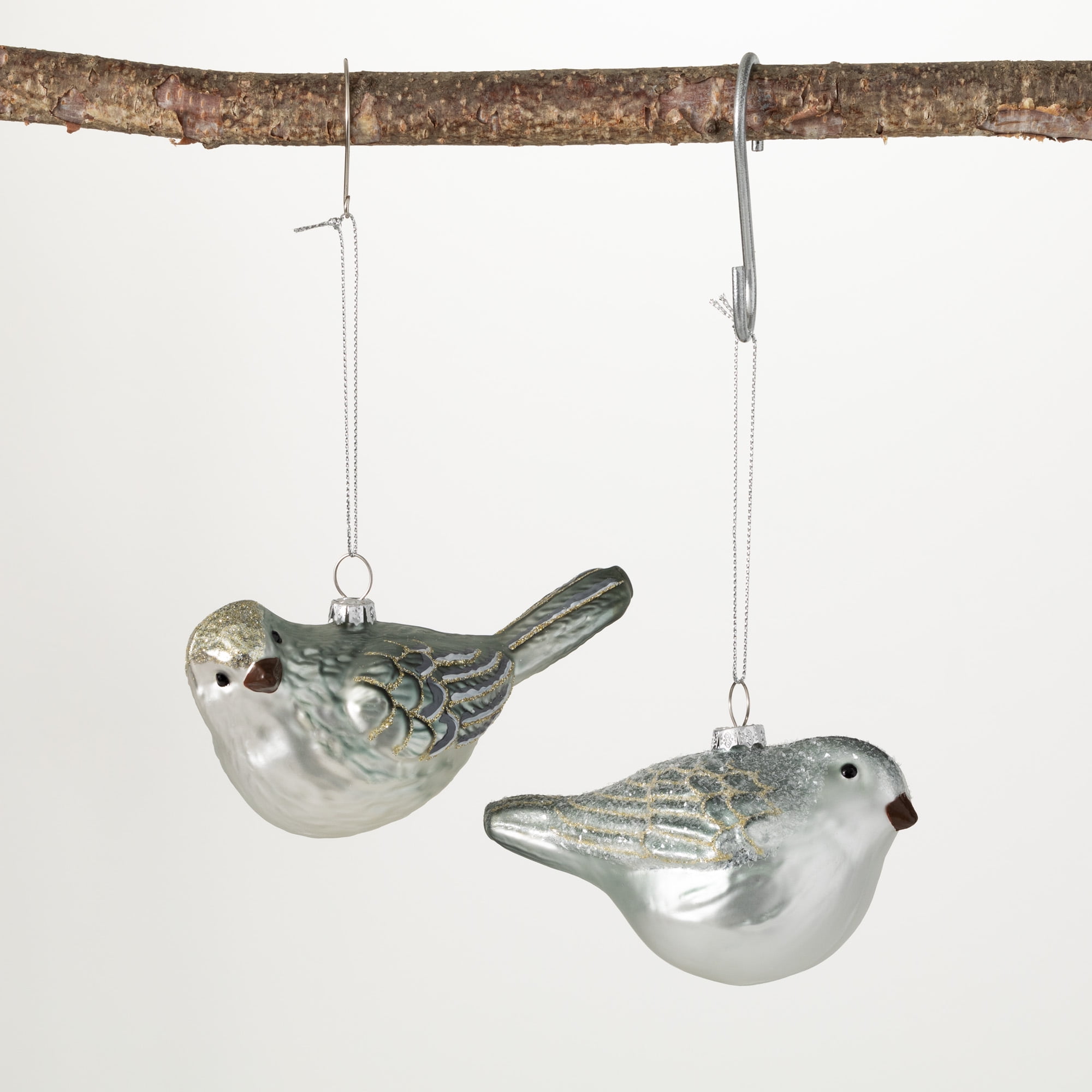 Set of 2 White and Silver Glass Bird Ornaments