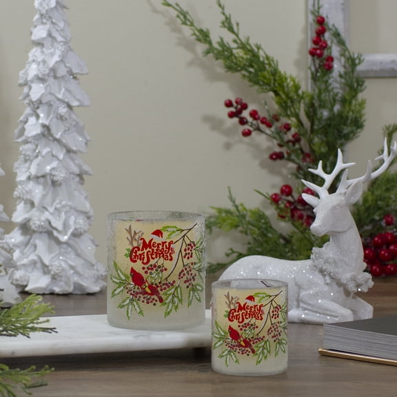 Northlight Cardinal and Pine Hand Painted Glass Christmas Candle Holder - 2.75"
