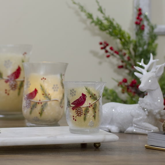 Northlight Hand Painted Cardinal and Pine Glass Christmas Candle Holder - 2.75"