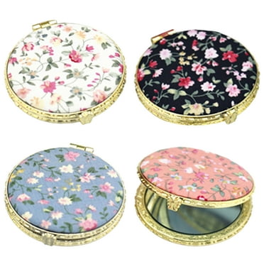 2.75'' Portable Makeup Mirror, Floral Satin Pocket Retro Vintage Compact Folding Mirrors Small Mini for Women Girls Beauty Accessories Round