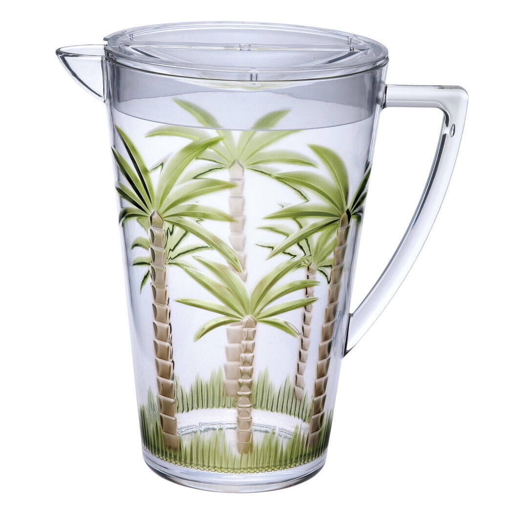 2.75 Quart Clear Plastic Pitcher with Lid - BPA Free, Palm Tree Design, Unbreakable