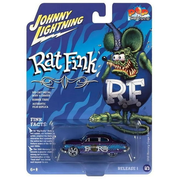 2.75 in. 1-64 Scale 1949 Mercury Coupe Custom with Graphics Rat Fink Pop Culture 2022 Release 1 Diecast Model Car, Metallic Purple