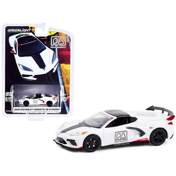 2.75 in. Road America Official Pace CarHobby Exclusive 1 by 64 Diecast Model Car for 2020 Chevrolet Corvette C8 Stingray, White & Black
