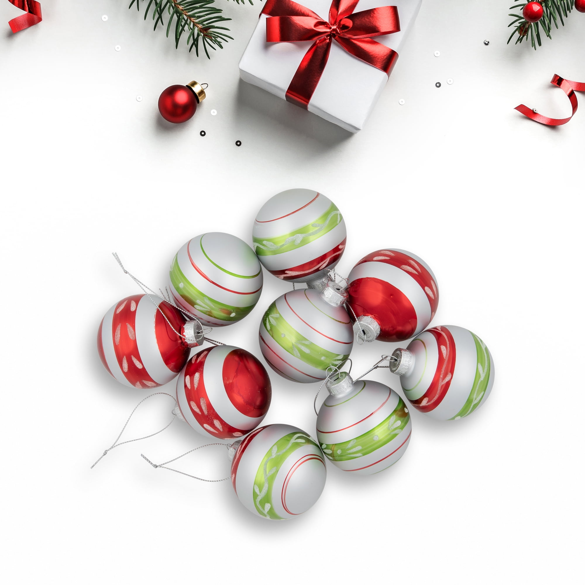 2.75 in. Shiny Vintage Striped Glass Ball Ornament - Set of 9