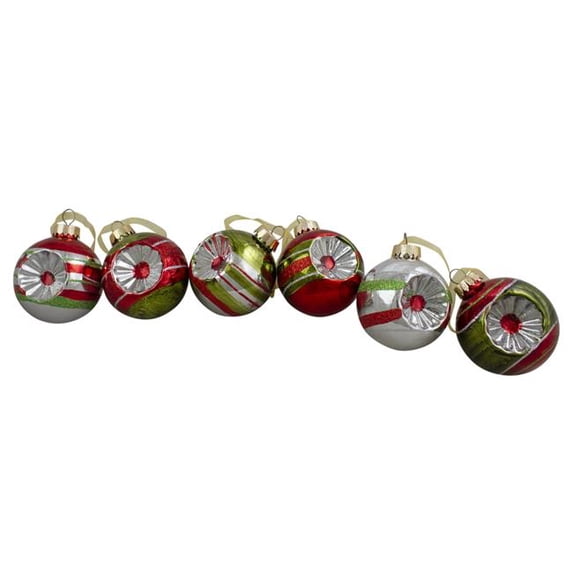 2.75 in. x 55mm. Shiny Silver Red and Green Retro Reflector Glitter Striped Christmas Ornaments - 6 Piece