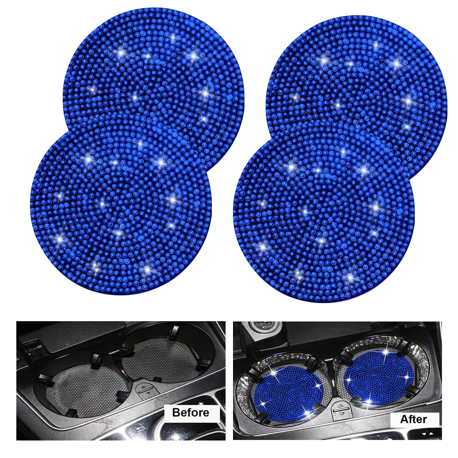 2.75 inch Anti-Slip Silicone Car Cup Holder Coaster, Universal Car Coasters  Insert Bling Crystal Rhinestone Automotive Interior Accessories for Women  (4 Pcs, Blue) 