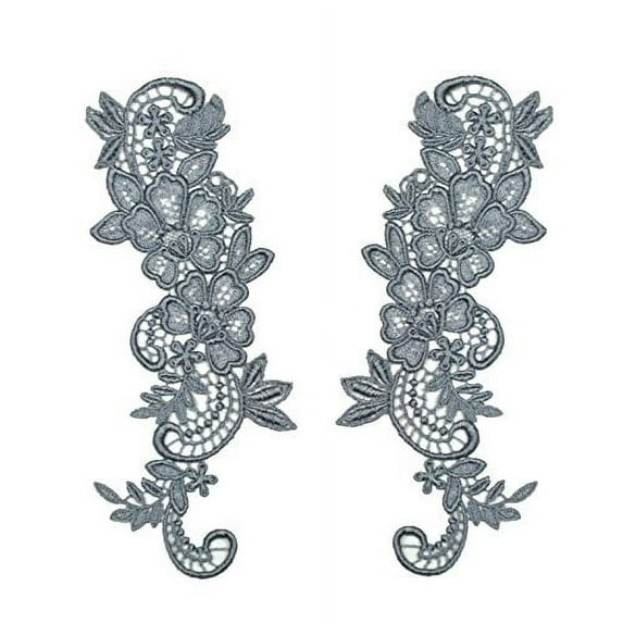2.75"x8" Floral Venice Lace Applique Embroidered Bridal Guipure Patch Motif (2 Pieces) (Gray)