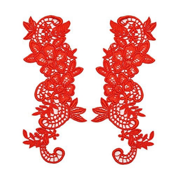 2.75"x8" Floral Venice Lace Applique Embroidered Bridal Guipure Patch Motif (2 Pieces) (Orange)