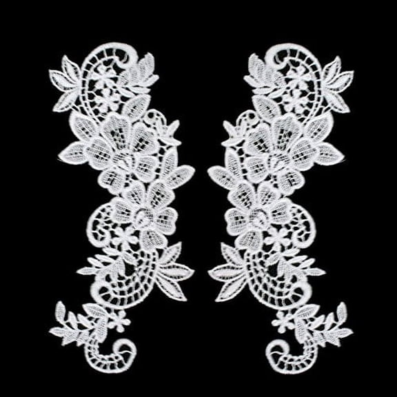 2.75"x8" Floral Venice Lace Applique Embroidered Bridal Guipure Patch Motif (2 Pieces) (White)